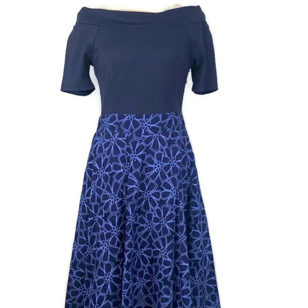Miusol Royal Blue Boat Neck Fit and Flair Floral Skirt Midi Dress